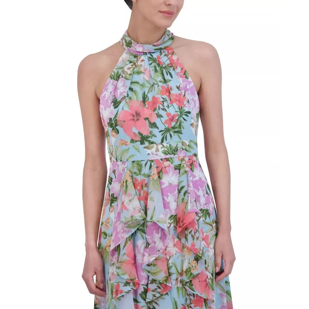 Eliza J Womens Floral Print Ruffled Halter Maxi Dress Blush Pink Size 6 NWT - Picture 3 of 5